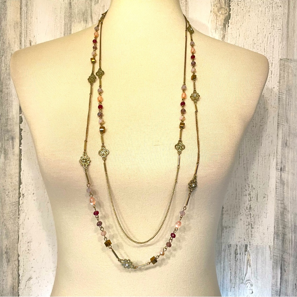 Beautiful Unsigned Gold Tone Beaded Multi Strand Necklace